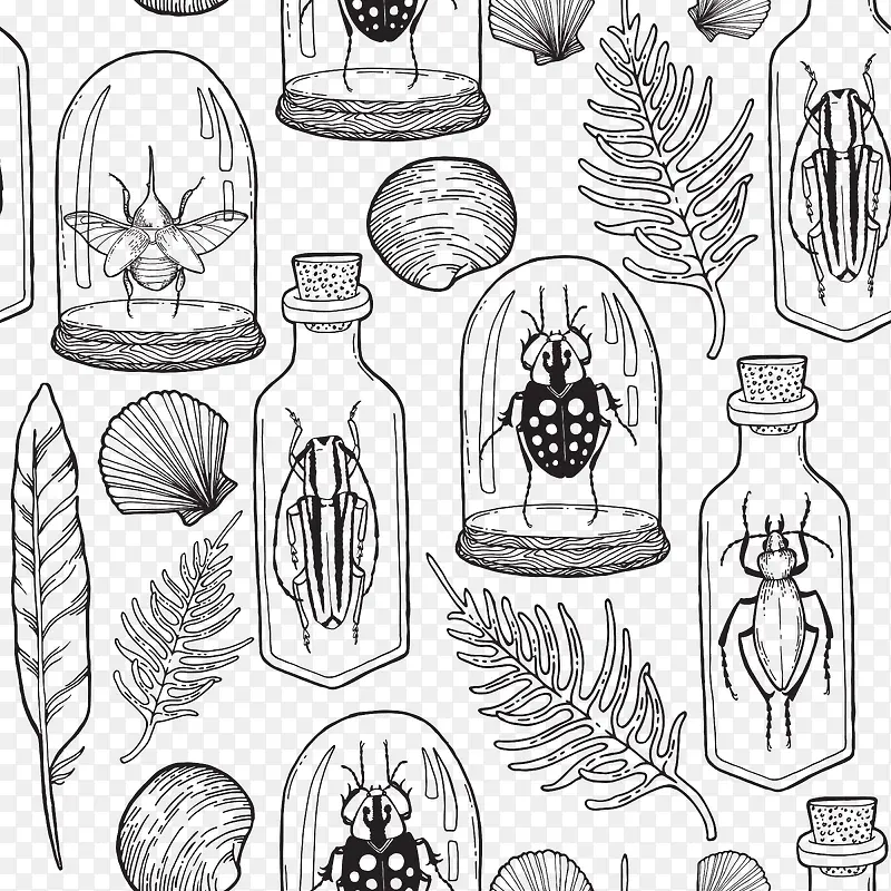 手绘瓶子和昆虫