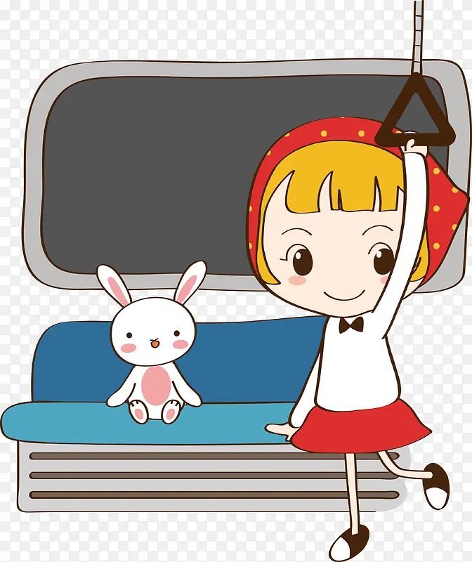地铁车厢内的卡通女孩和兔子