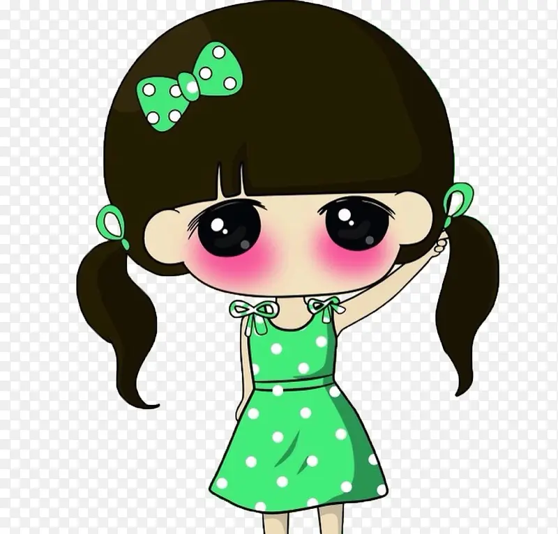 穿着绿色长裙的可爱卡通小女孩