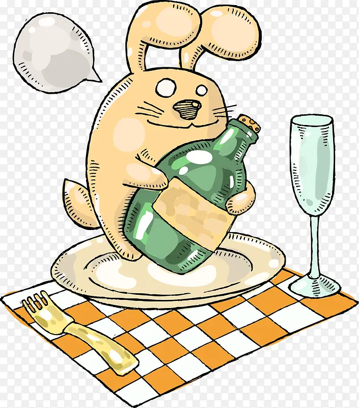 卡通铅笔画兔子与酒