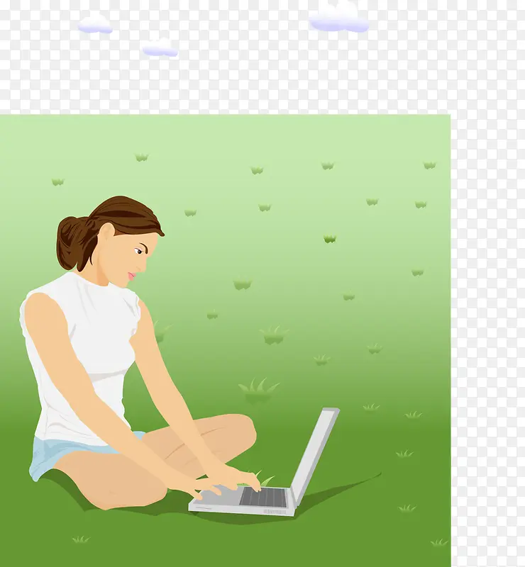 坐在草地上用电脑的女孩