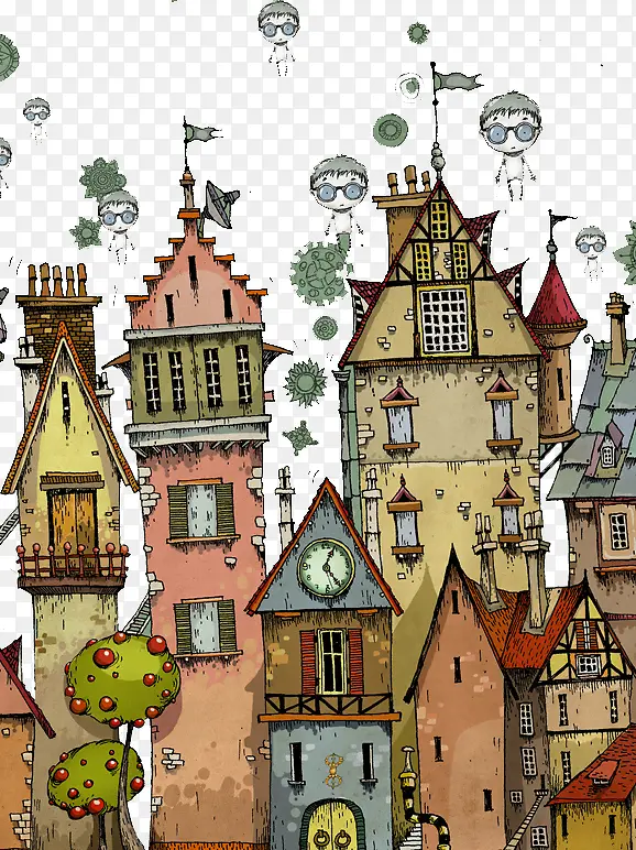 欧美风创意插画小镇建筑
