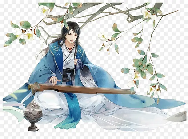 弹琴的蓝衣美男古风手绘
