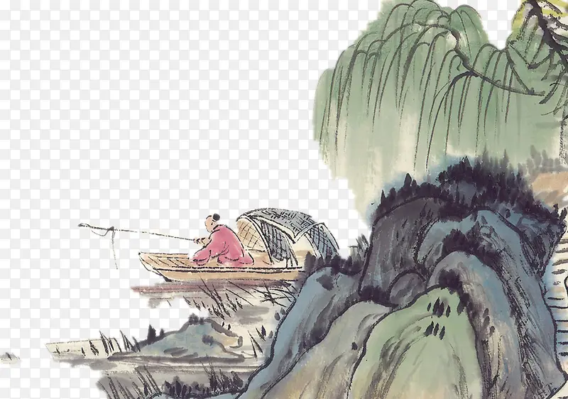 手绘中国风垂钓水墨画