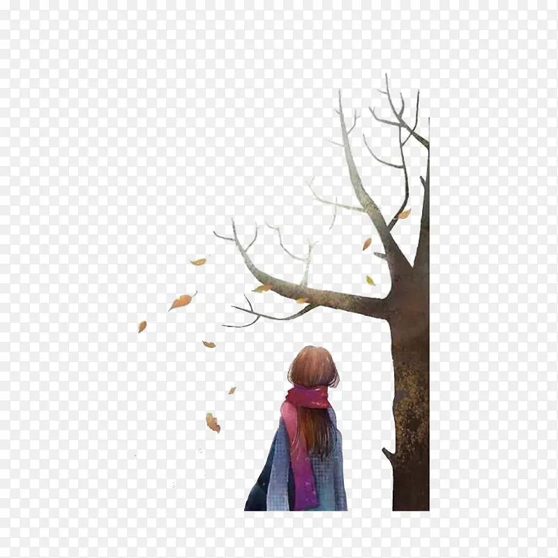 树下看落叶的女孩背影