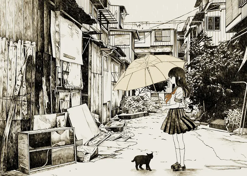 素描城市老街道小女孩