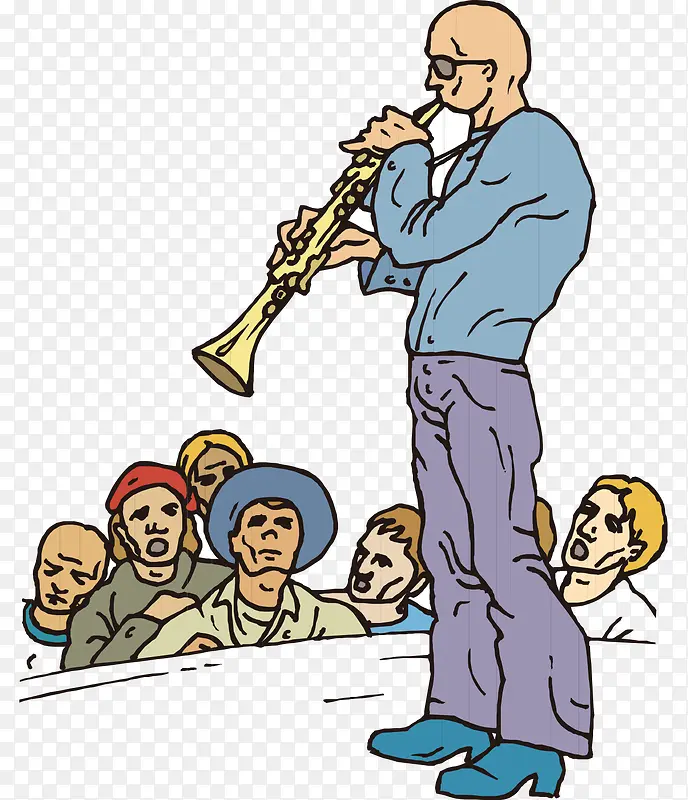 卡通手绘吹乐器戴眼镜男人观众