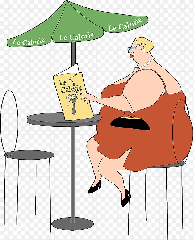 漫画露天咖啡馆点餐的胖女人