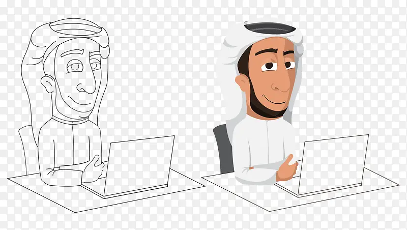卡通手绘线稿彩色阿拉伯男人电脑