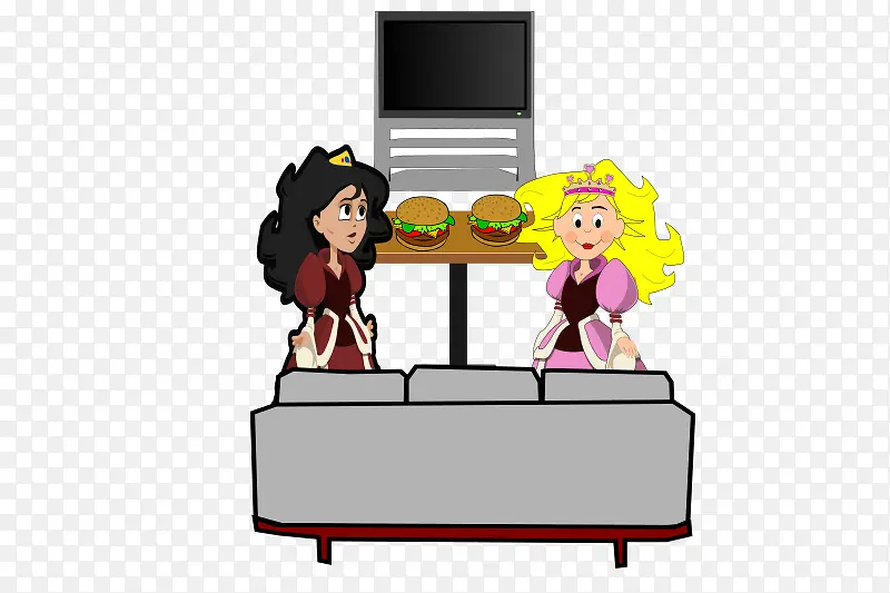 吃汉堡的两个卡通女孩