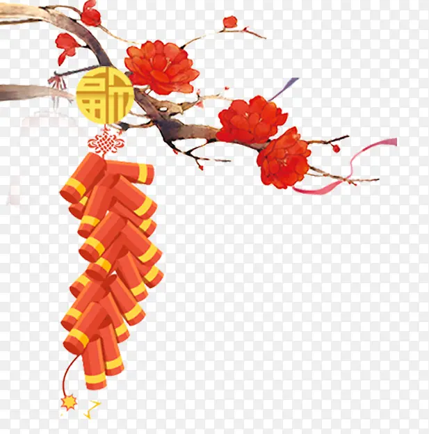 红色中国风花朵福字鞭炮