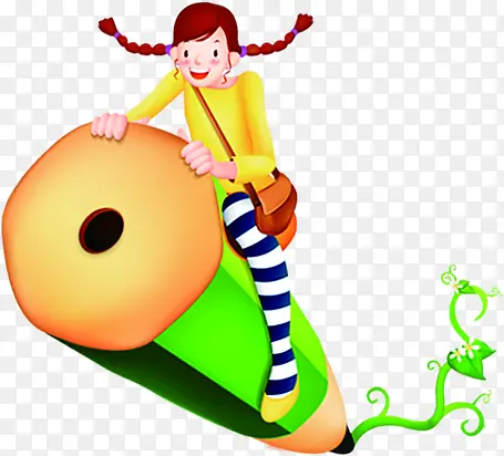 女孩骑着铅笔画出藤蔓