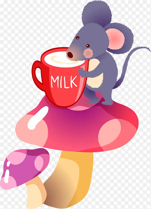 可爱老鼠在蘑菇上喝牛奶矢量
