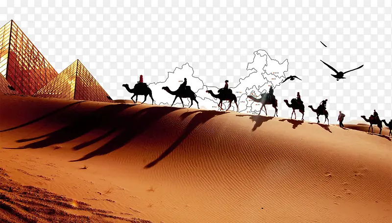 骆驼商队穿行沙漠