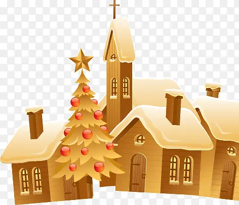 手绘黄色房子和圣诞树