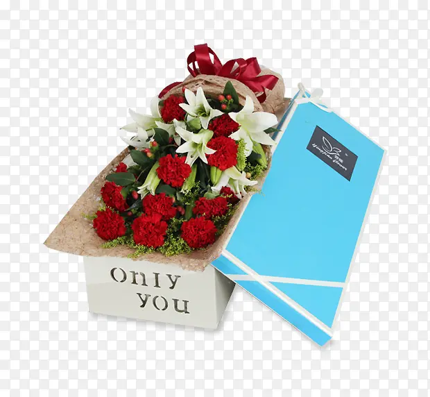 鲜花礼盒红色玫瑰百合蓝盒子