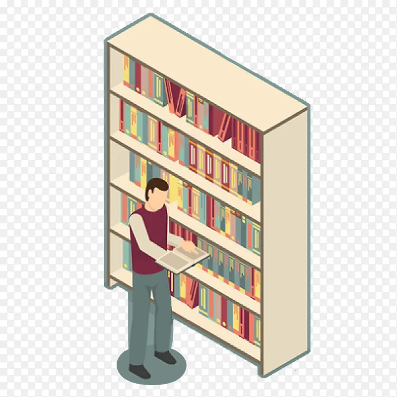 卡通在图书馆阅读的男士