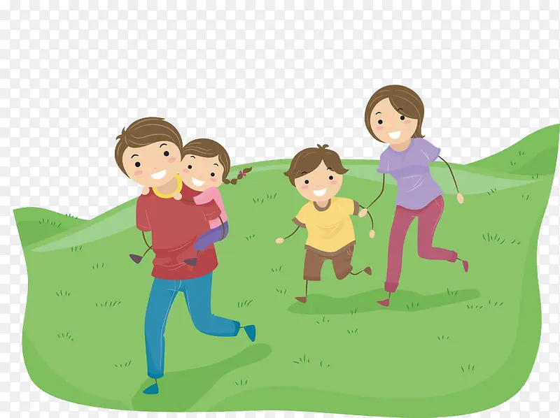 卡通插图草地上跑的一家人