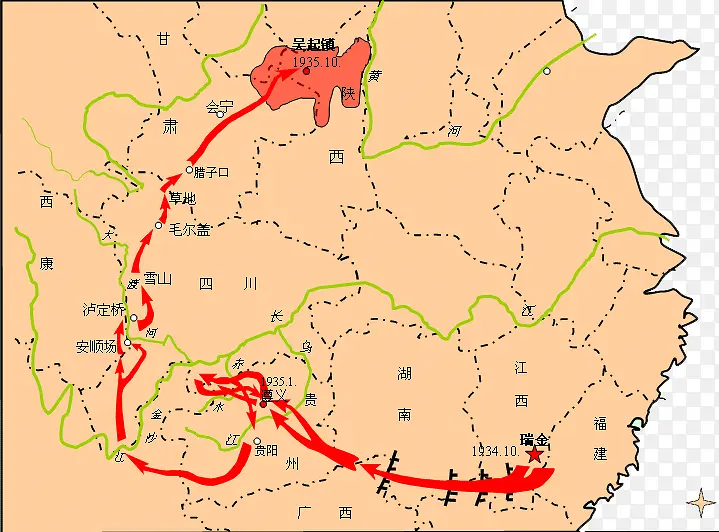 红色箭头指示图长征路线图