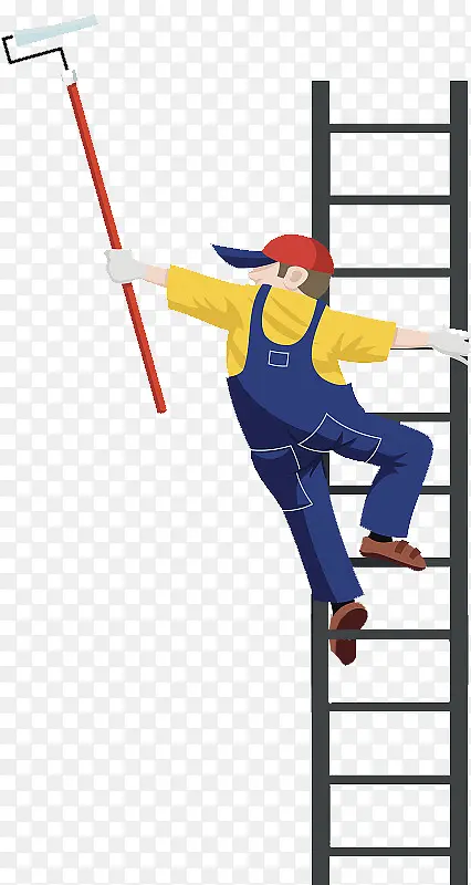 卡通插图爬着梯子刷墙的装修工人