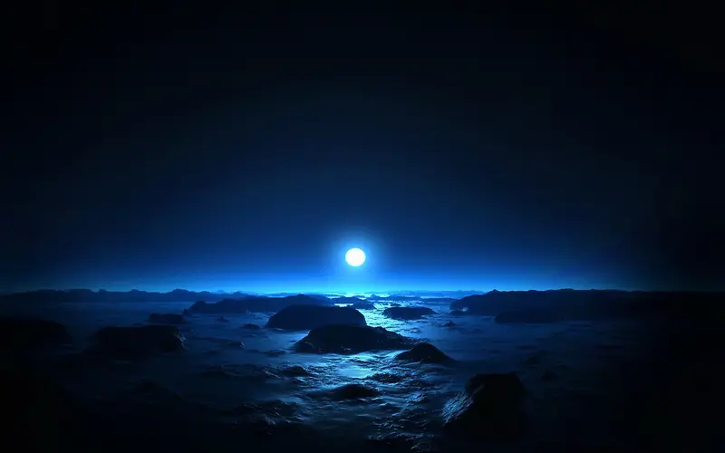 蓝色月光海面礁石海报背景