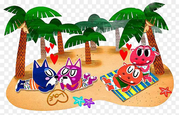 动物情侣休息棕榈树海滩暑假