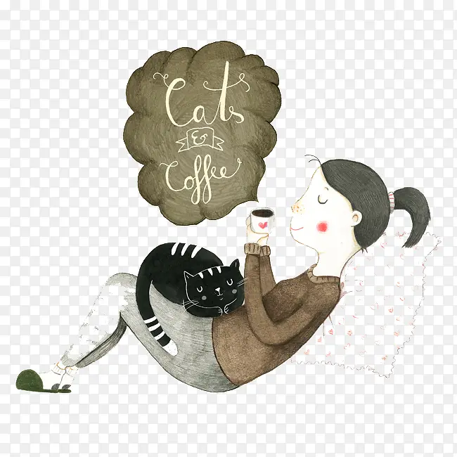 手绘女孩有猫和咖啡