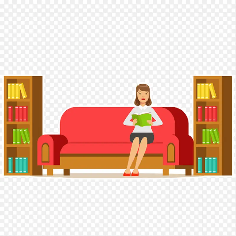 卡通坐在图书馆休息区看书的女士