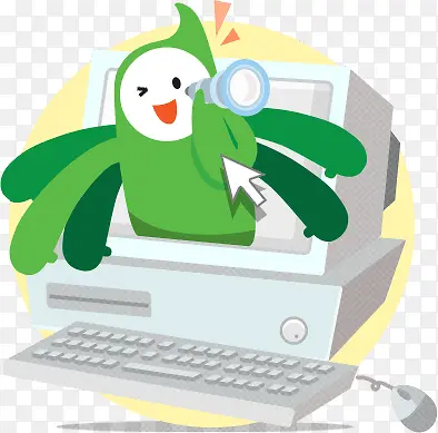 卡通绿色人物飞出电脑