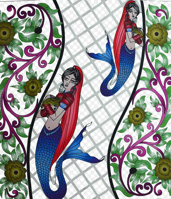 彩绘欧式花纹美人鱼图案