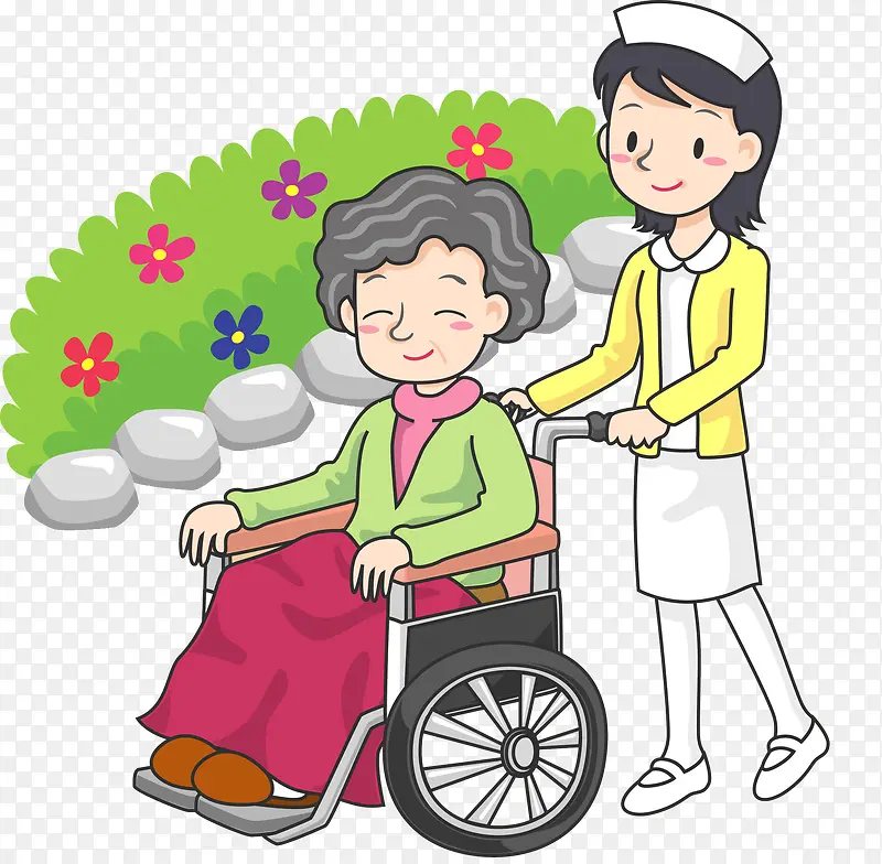 护士推轮椅上的人散步