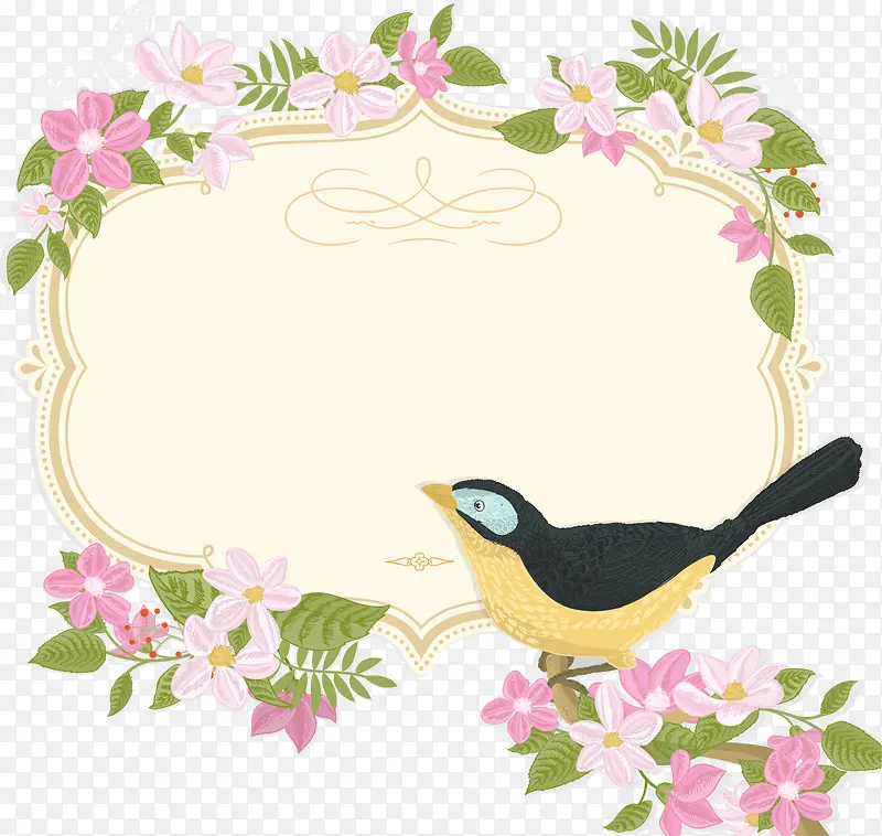 矢量鸟儿花卉婚礼装饰文本框