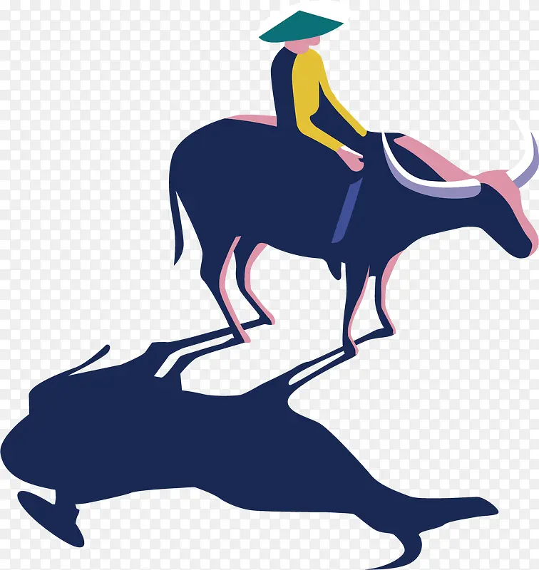 矢量图水彩骑牛的农民