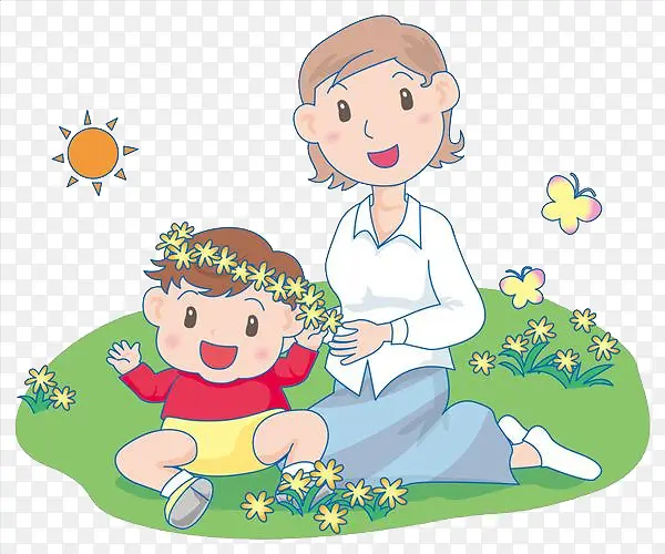 妈妈和宝宝坐在草坪上