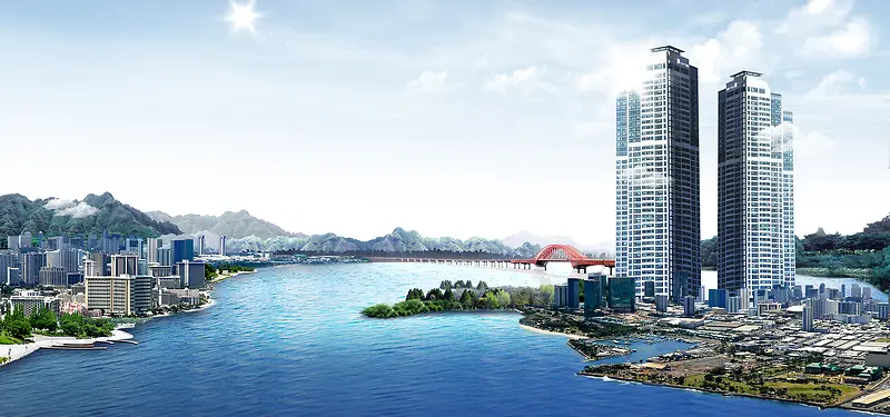 草坪水树天空太阳城市背景banner