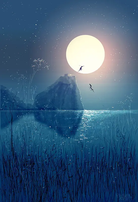 蓝天星空月亮湖水
