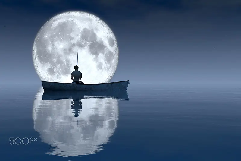 湖面船只月亮渔人