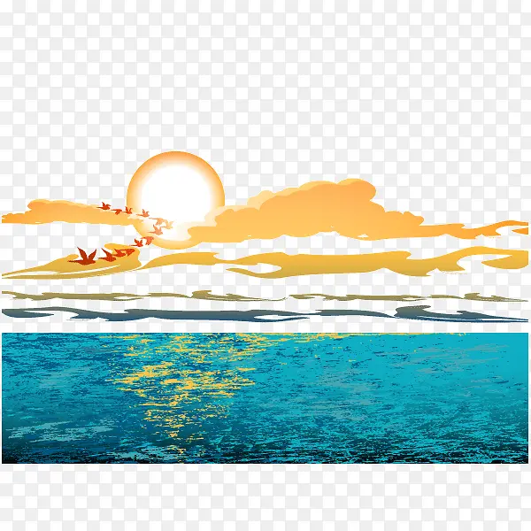 夏日海浪夕阳背景装饰矢量图