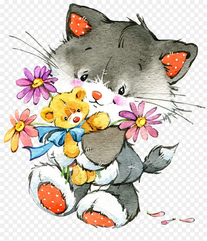 抱小熊 花朵 水彩猫