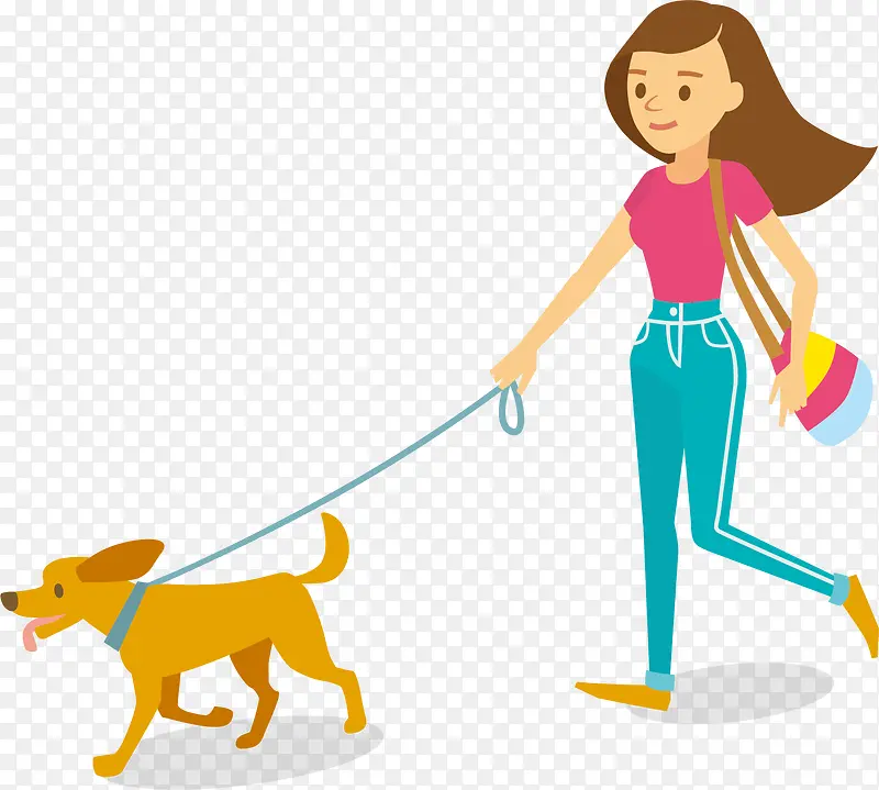 矢量图少女牵着狗狗