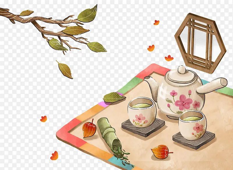 茶壶茶杯上的落叶