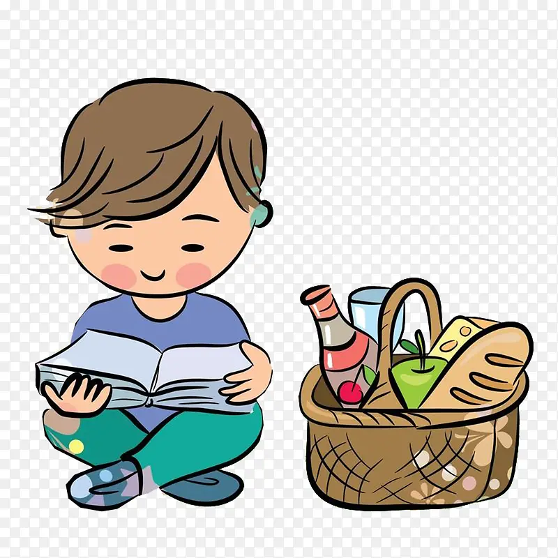 坐在草地上读书的男孩