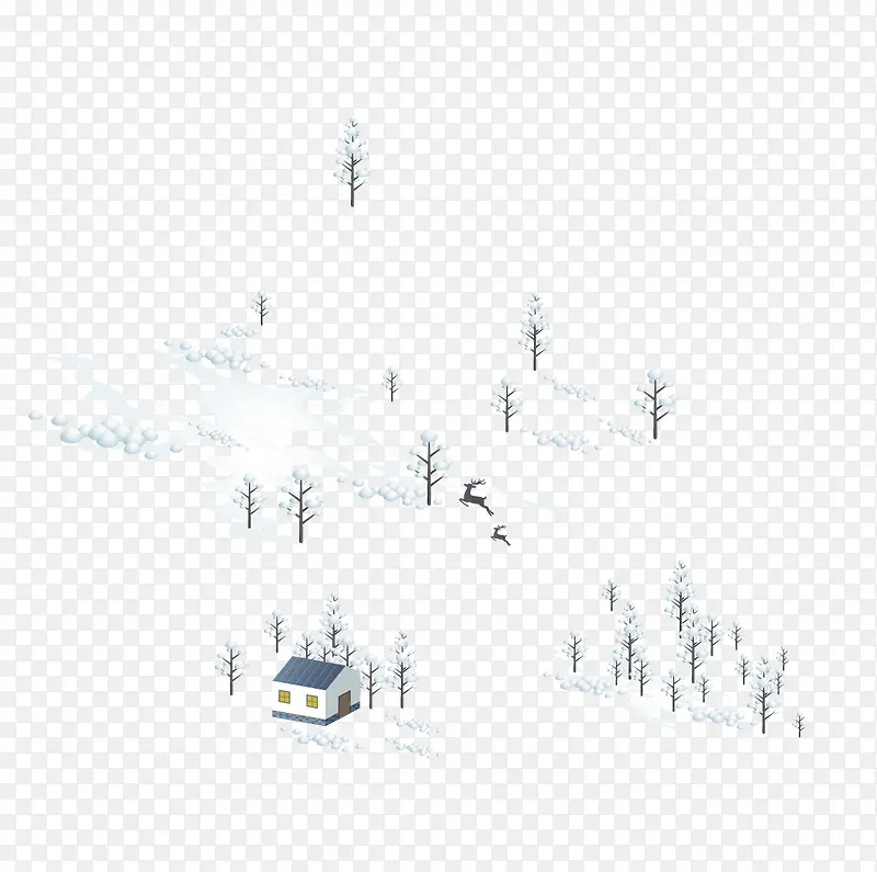 雪中的房子和驯鹿