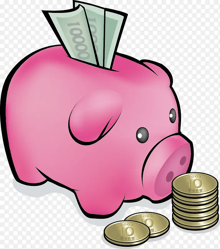 小猪存钱罐和钱币矢量素材