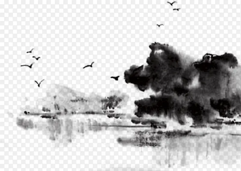 水墨画湖水森林毛笔字