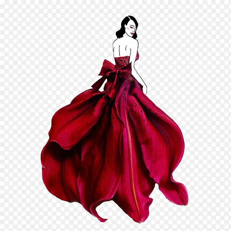 红色花瓣长裙礼服设计