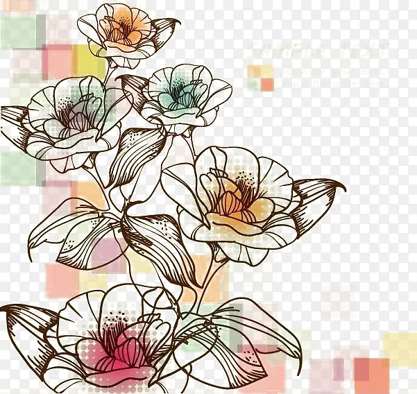 彩色花朵手绘描边免扣素材