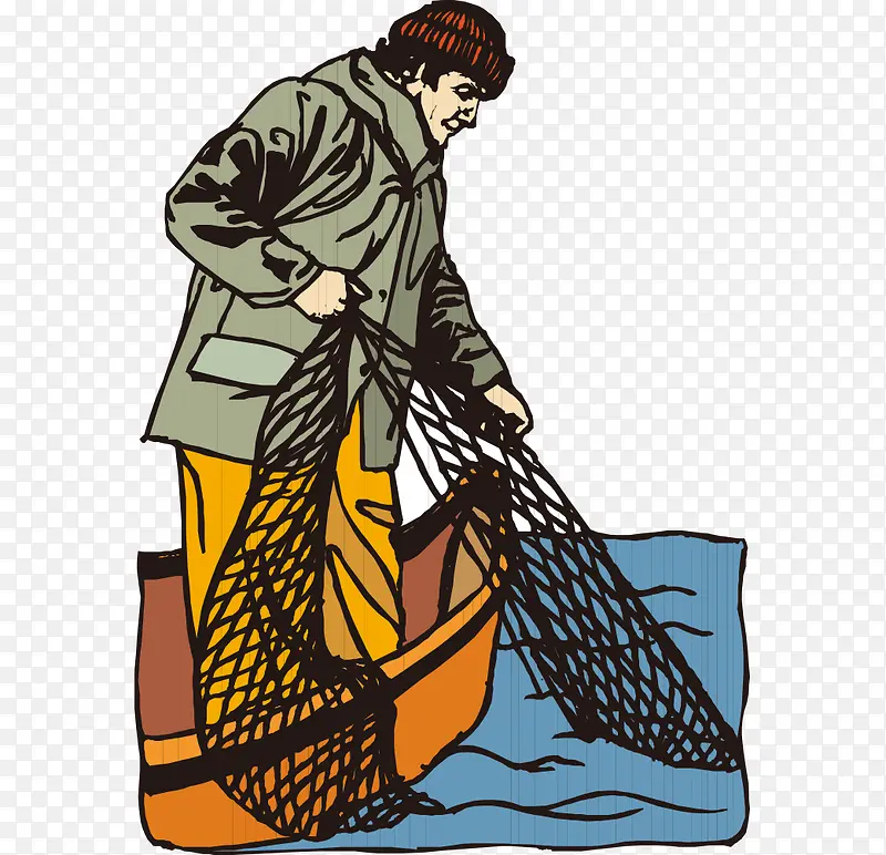 卡通手绘船上网鱼男人