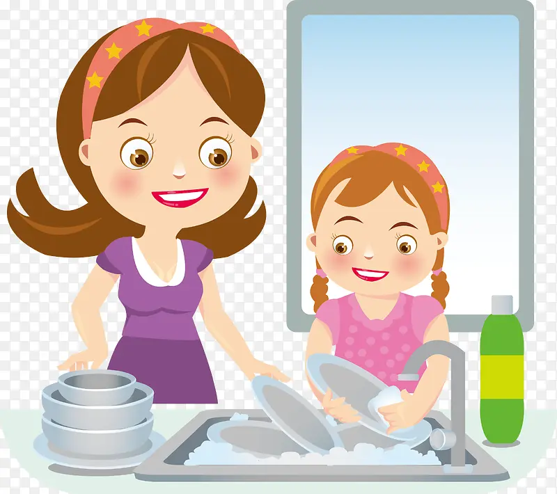 卡通母女洗碗插图矢量图