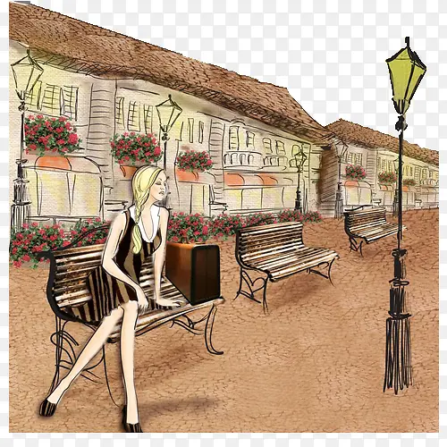 手绘欧式街道坐着的时尚女孩